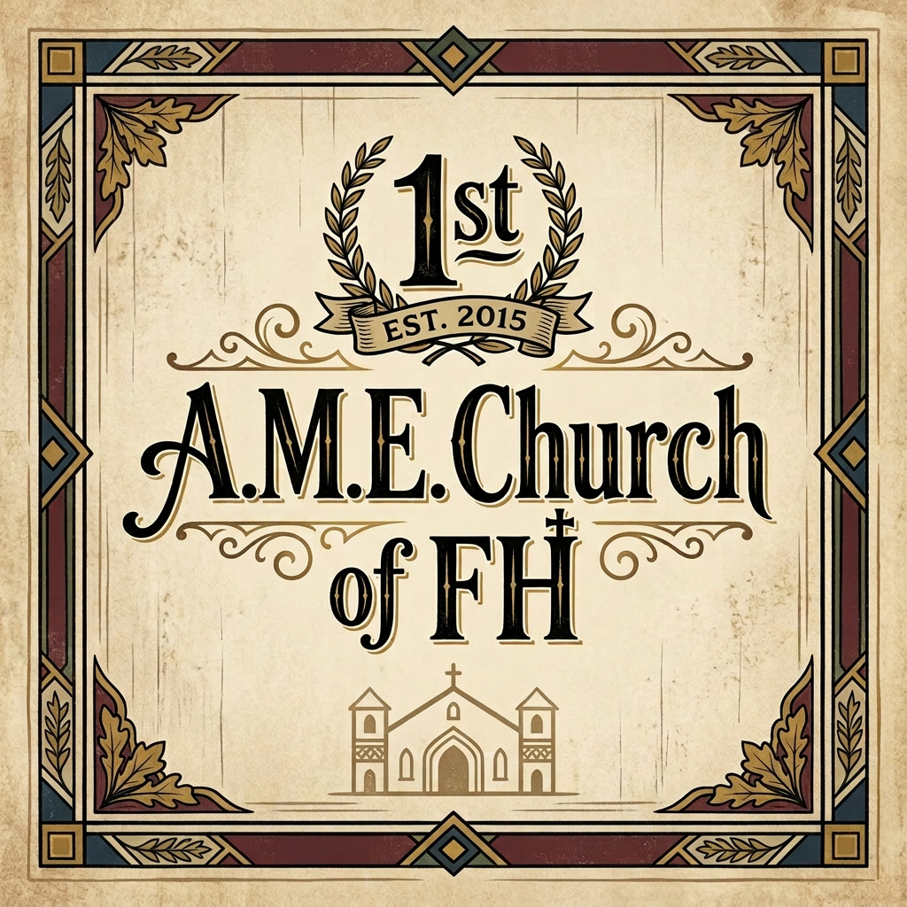 Emblem reading '1st A.M.E. Church of FH EST. 1870' with decorative laurel and church icon